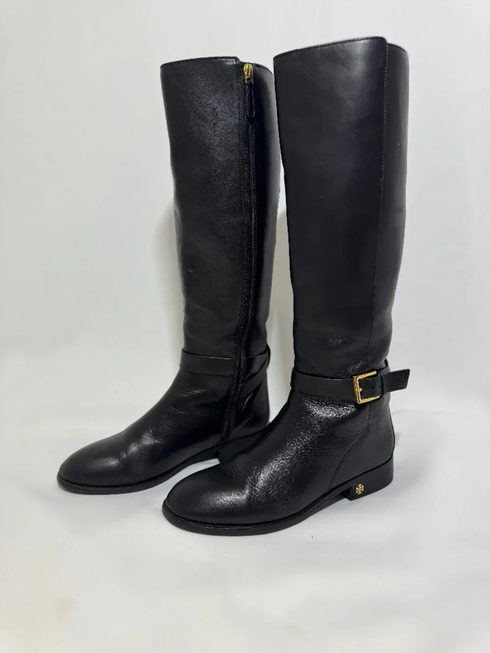 TORY BURCH BROOKE BLACK TUMBLED LEATHER GOLD REVA TALL RIDING BOOTS 8.5